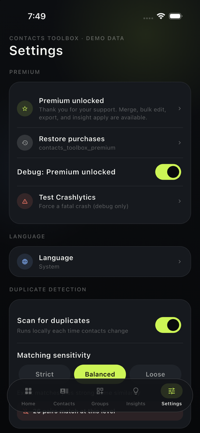 Contacts Toolbox settings and Premium upgrade screen