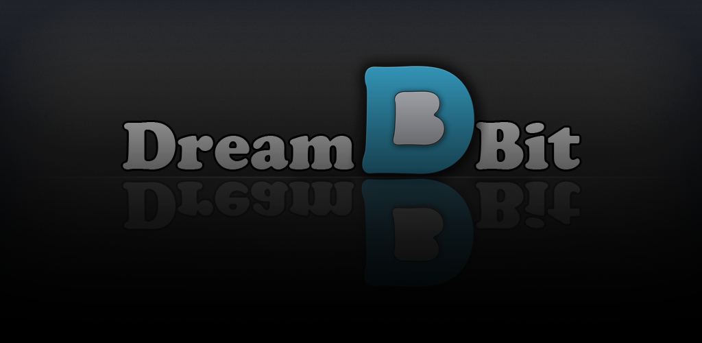 DreamBit Applications legacy logo — 3D Dream and Bit wordmark with cyan D and grey B monogram on a dark reflective background