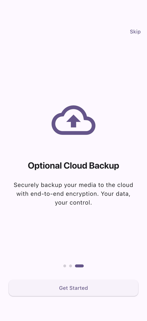 Hush Gallery onboarding cloud backup screen