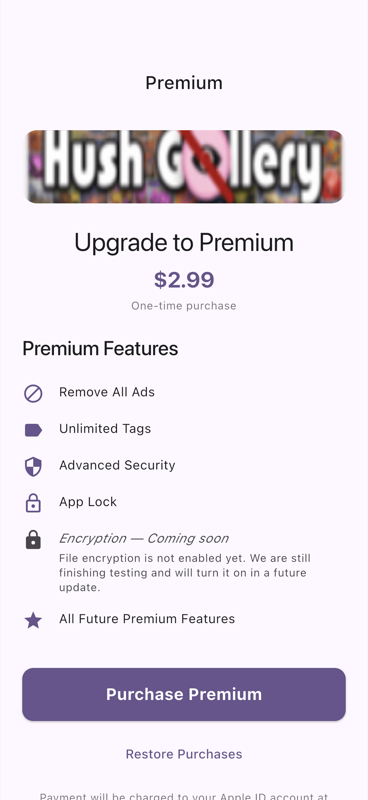 Hush Gallery Premium upgrade screen