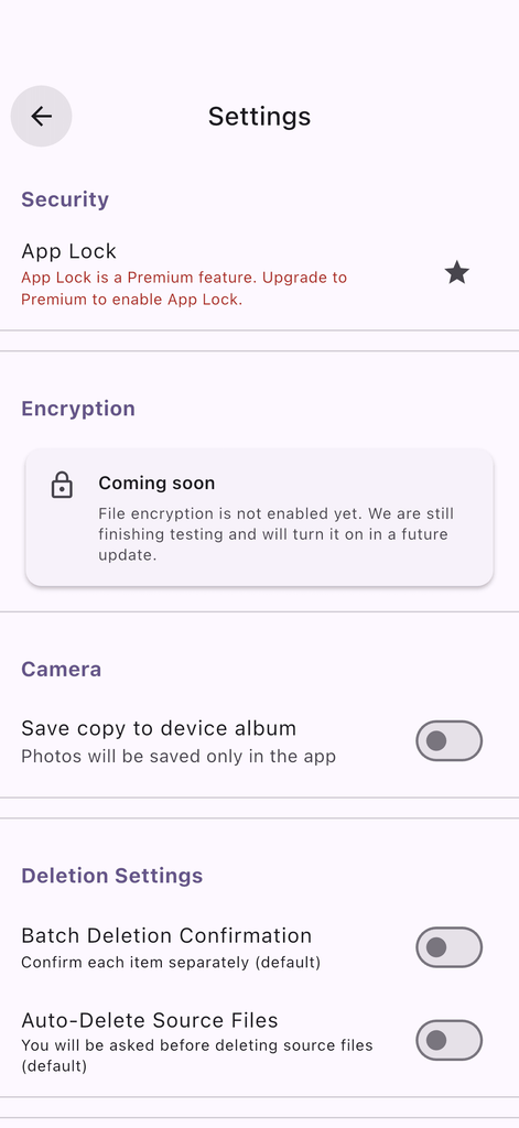 Hush Gallery settings screen