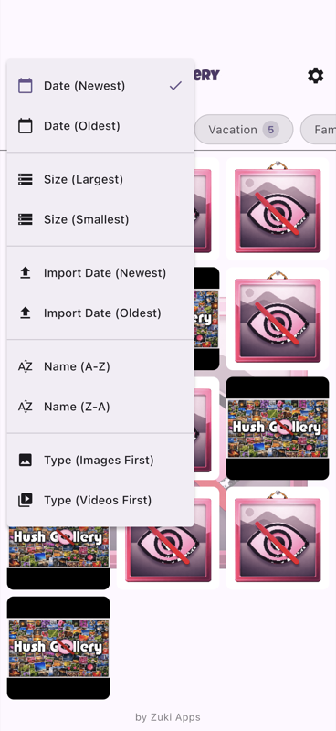 Hush Gallery sort menu with date and size options