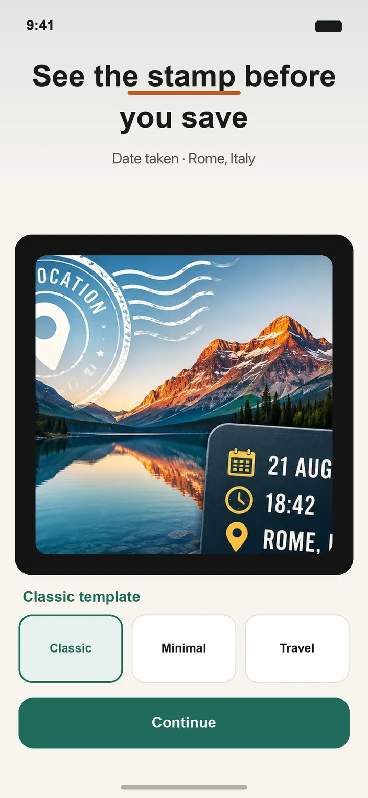 Photo Stamp editor previewing a date and location stamp