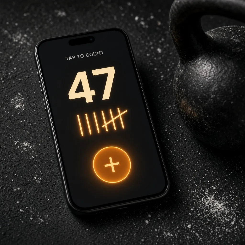 TallyNudge lifestyle — phone counter beside a kettlebell