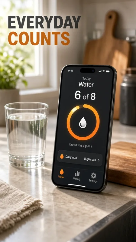 TallyNudge lifestyle — water glass counter on a phone