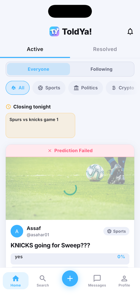 ToldYa! home feed showing recent predictions