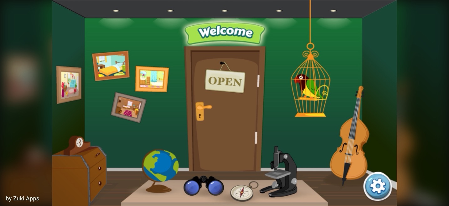 Green lobby with an OPEN door