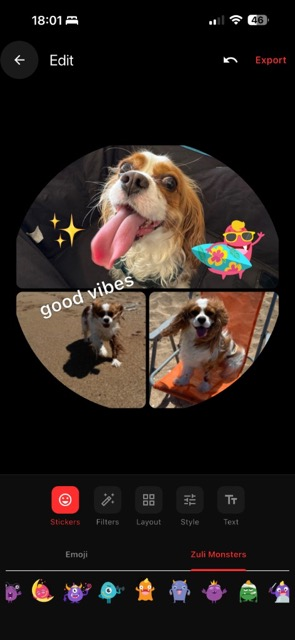 Zuli Collage editor with filters and Zuli Monsters stickers on a collage